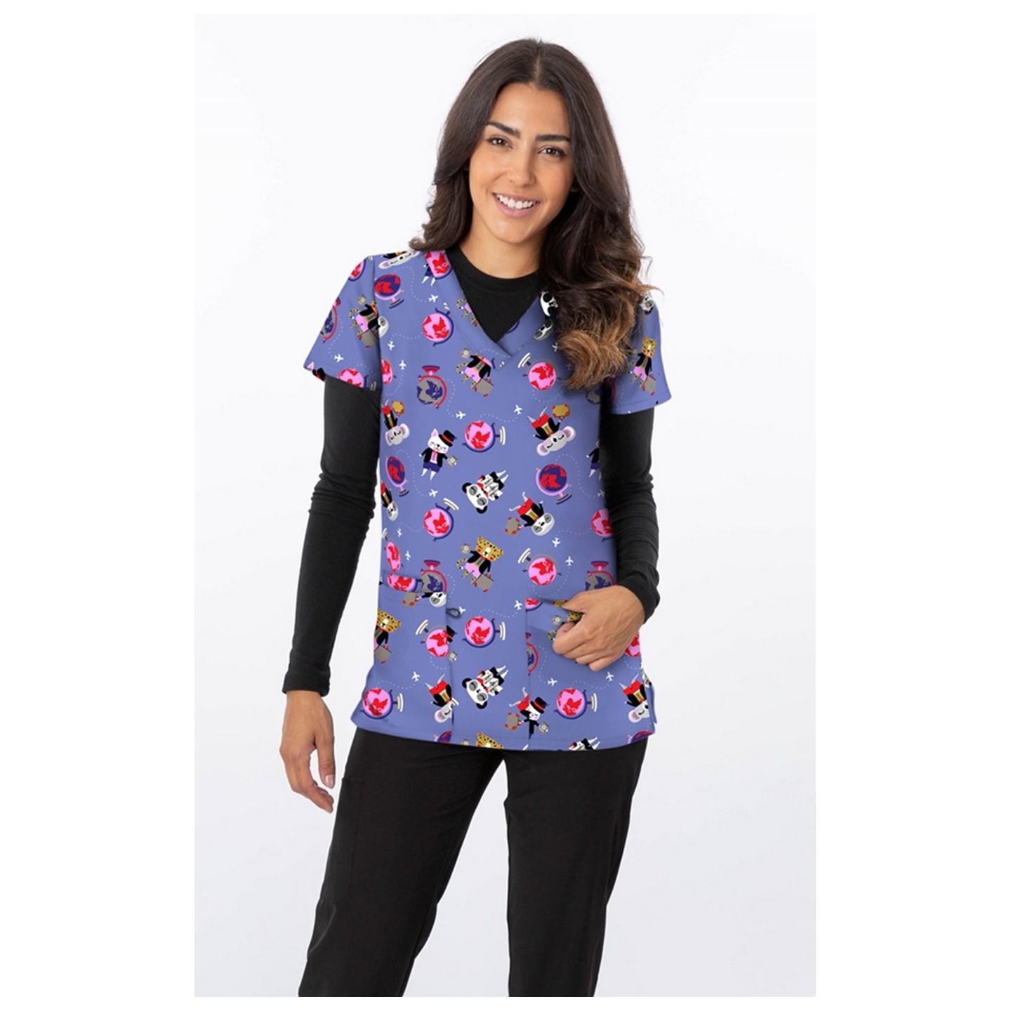 1427BL – Around The World Print Scrub Top - Soft Stretch Zinnia Fabric by Greentown