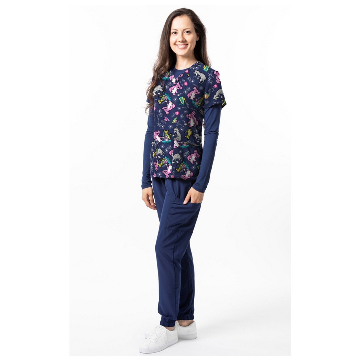 1434NV – Spill The Tea Print Scrub Top - Soft Stretch Zinnia Fabric by Greentown