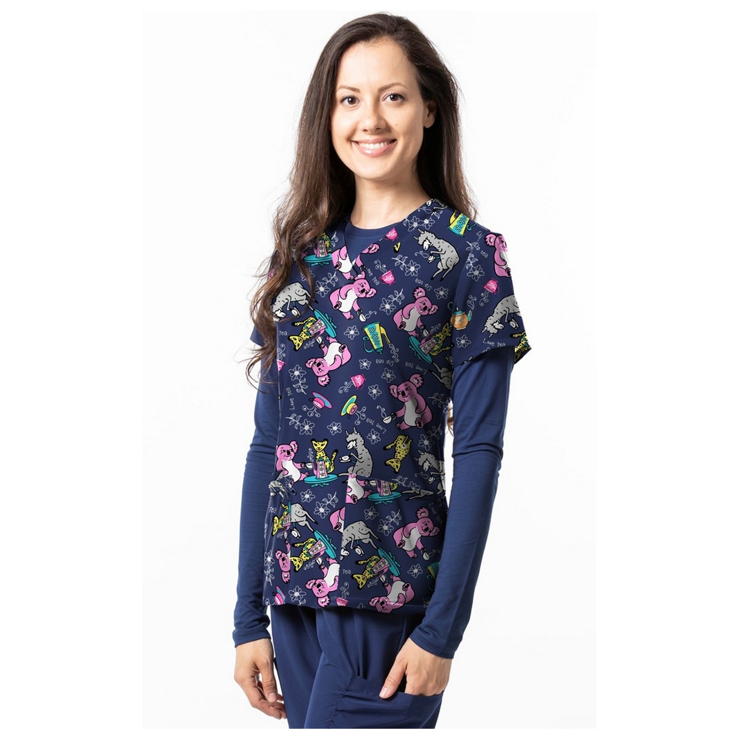 1434NV – Spill The Tea Print Scrub Top - Soft Stretch Zinnia Fabric by Greentown