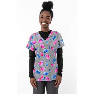 1457GR – Forever Tulips - Grey Print Scrub Top - Soft Stretch Zinnia Fabric by Greentown