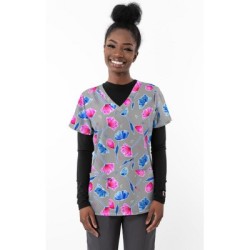 *FINAL SALE 1457GR – Forever Tulips - Grey Print Scrub Top - Soft Stretch Zinnia Fabric by Greentown