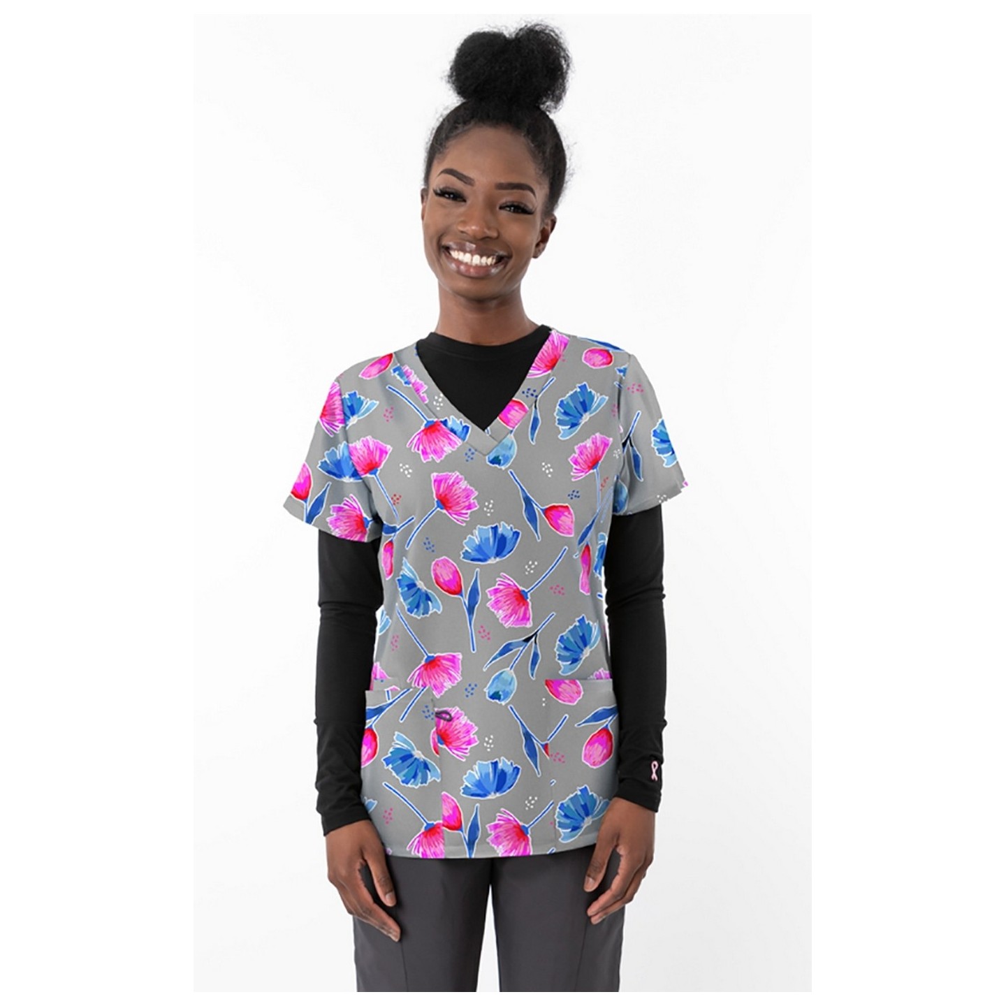 1457GR – Forever Tulips - Grey Print Scrub Top - Soft Stretch Zinnia Fabric by Greentown