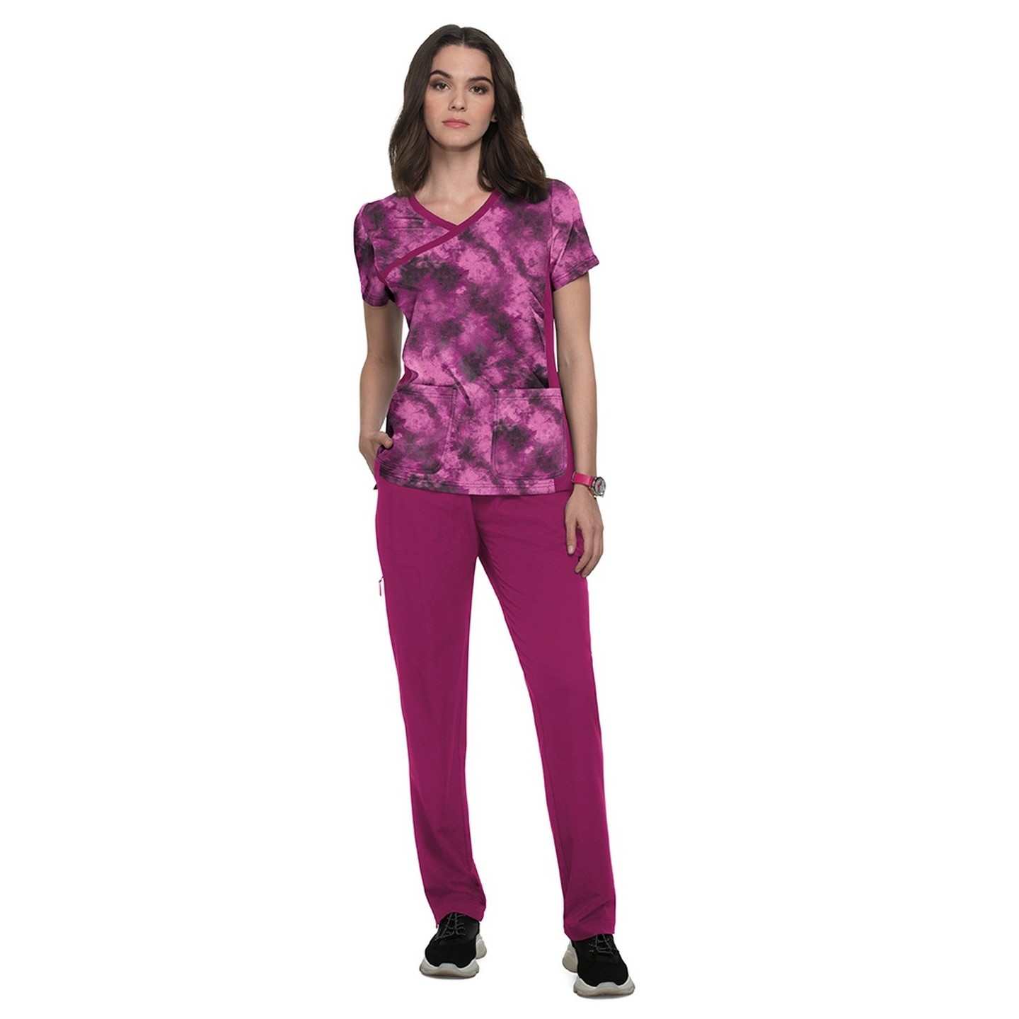 1049PR koi Lite Stretch Raquel Mock-Wrap Print Top - Heather Raspberry Tie Dye