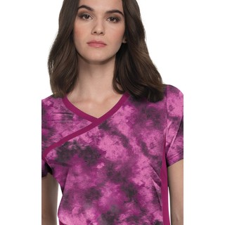 1049PR koi Lite Stretch Raquel Mock-Wrap Print Top - Heather Raspberry Tie Dye