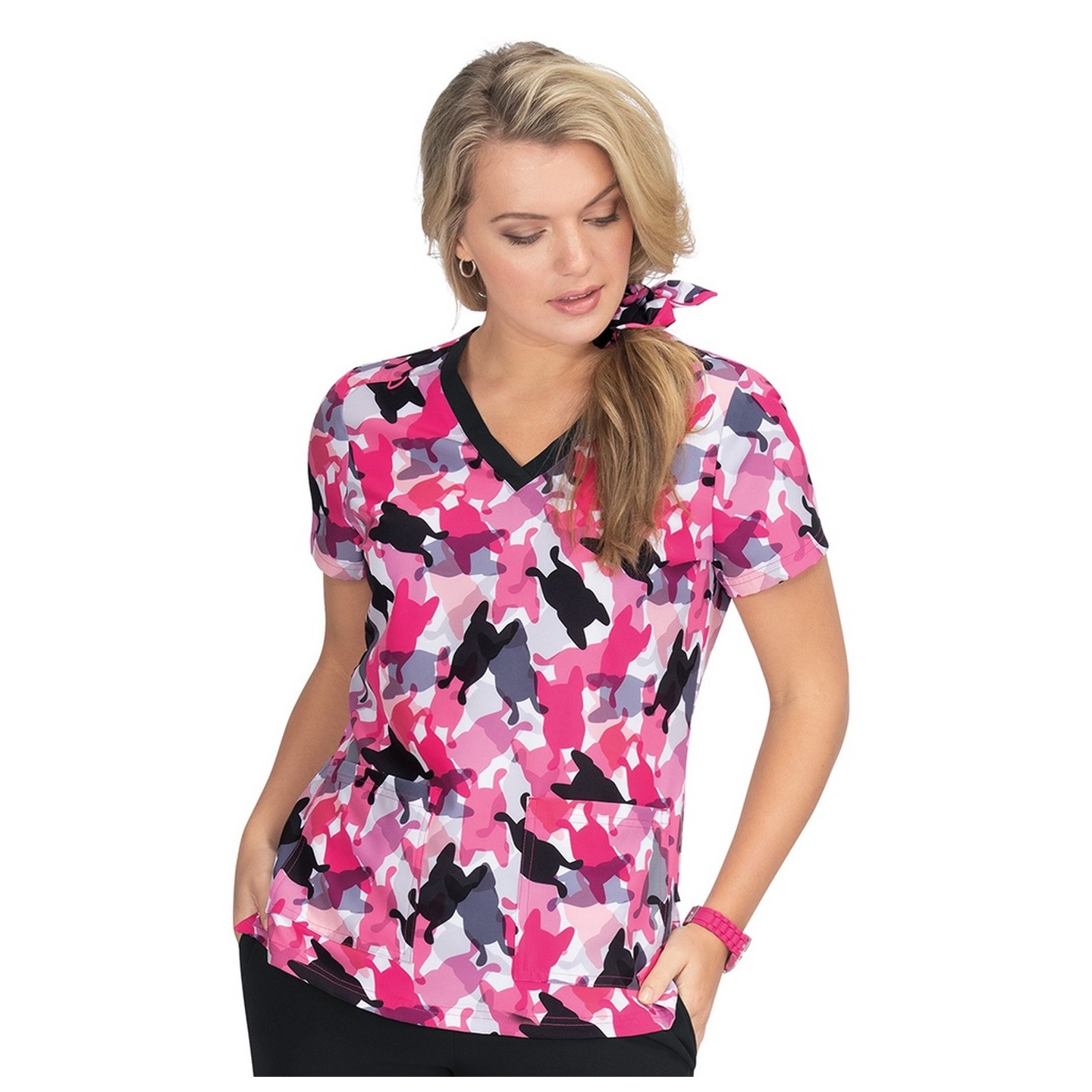 F101PR French Bull by koi Doll V-Neck Print Scrub Top - Delight White