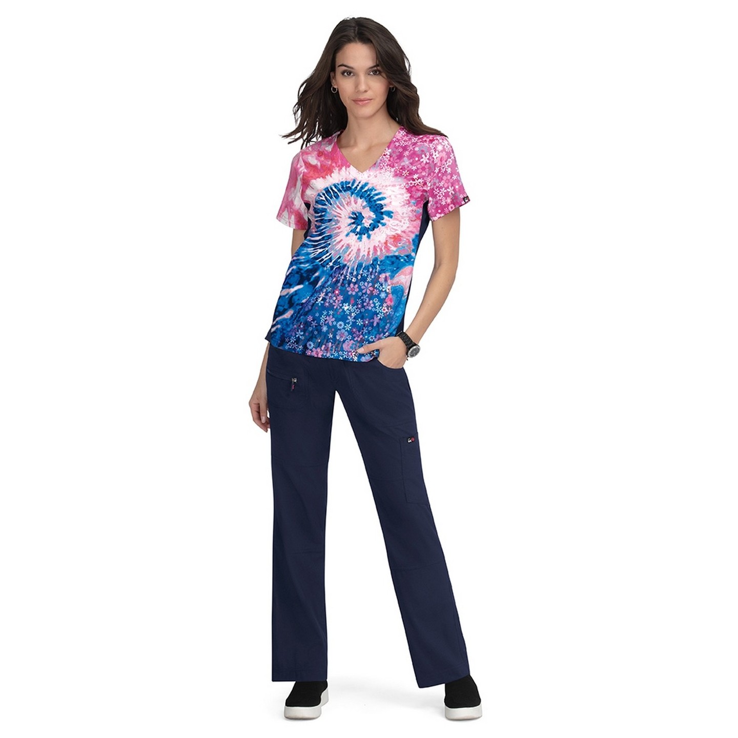 370PLM koi Lite Reform V-Neck Print Top - Groovy Floral Navy/Elec Blue/Coral
