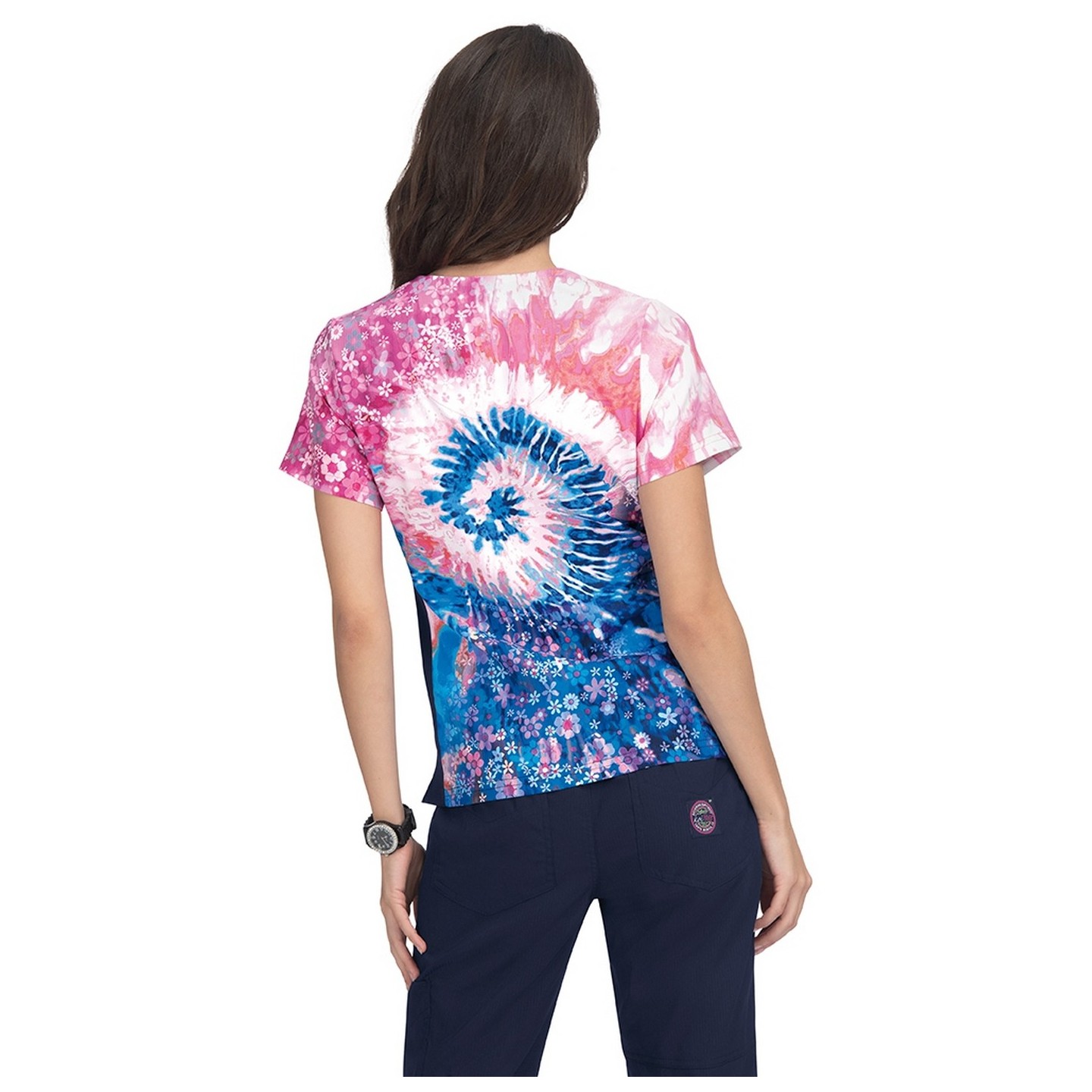 370PLM koi Lite Reform V-Neck Print Top - Groovy Floral Navy/Elec Blue/Coral