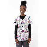 1465WH – BIG CIRCUS WHITE Print Scrub Top - Soft Stretch Zinnia Fabric by Greentown