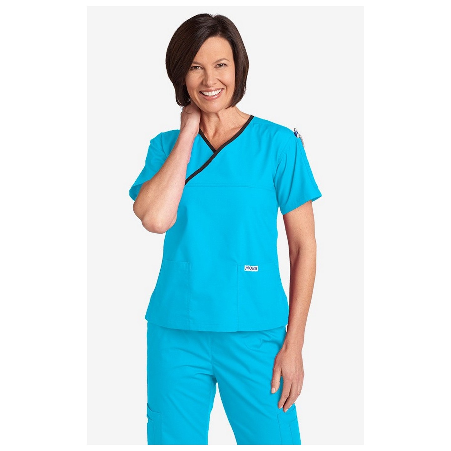 Criss Cross Scrub Top by MOBB - Aqua/Black (AQ-BL)