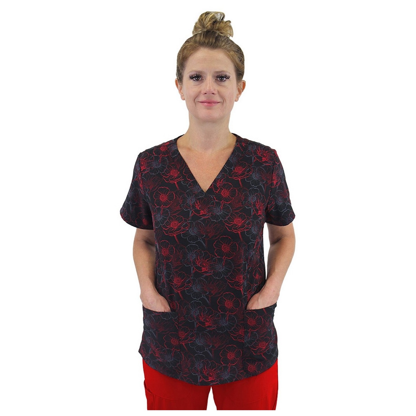 9810 Maevn Women's Printed V-Neck Top - Midnight Poppies