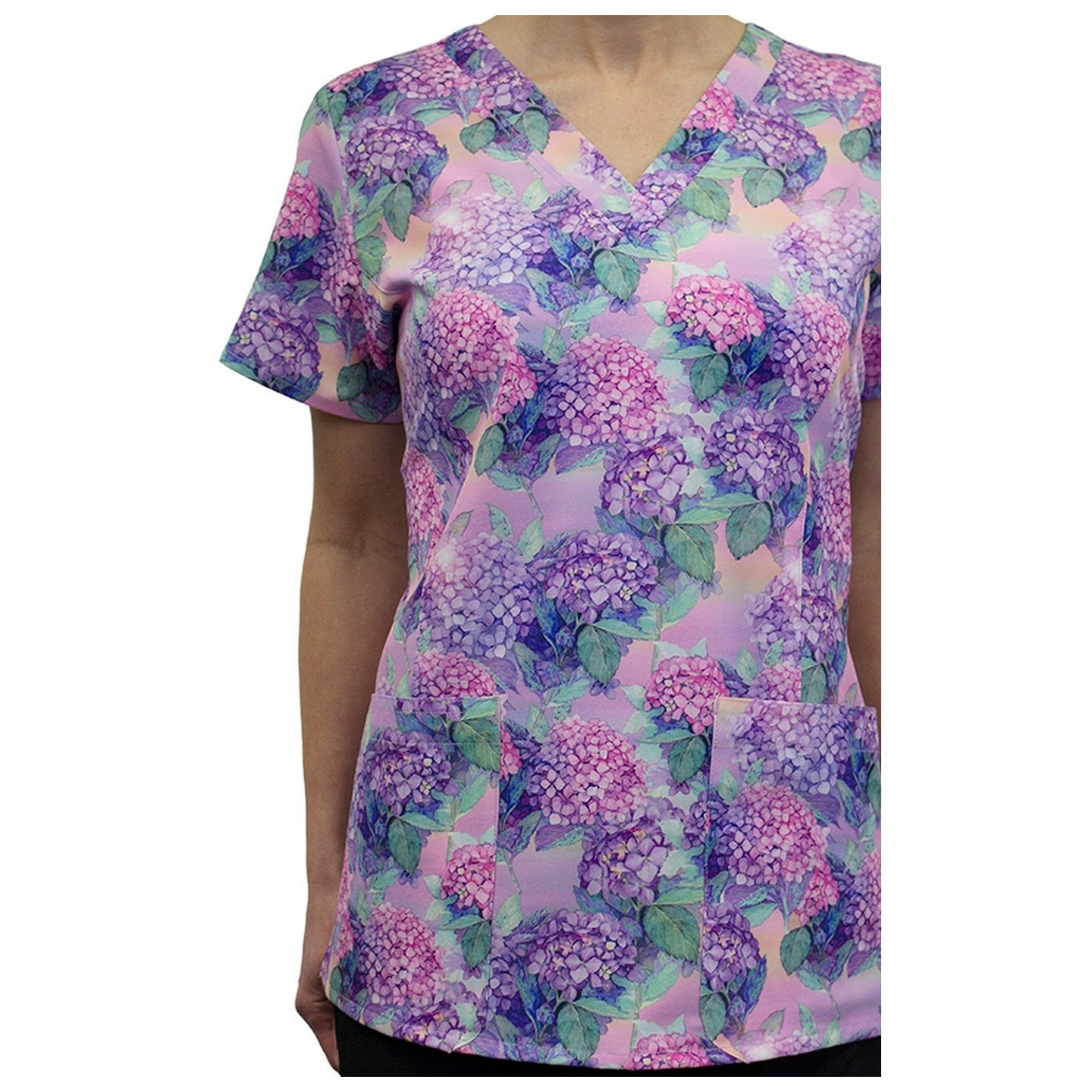 9810 Maevn Women's Printed V-Neck Top - Sweet Hydrangeas