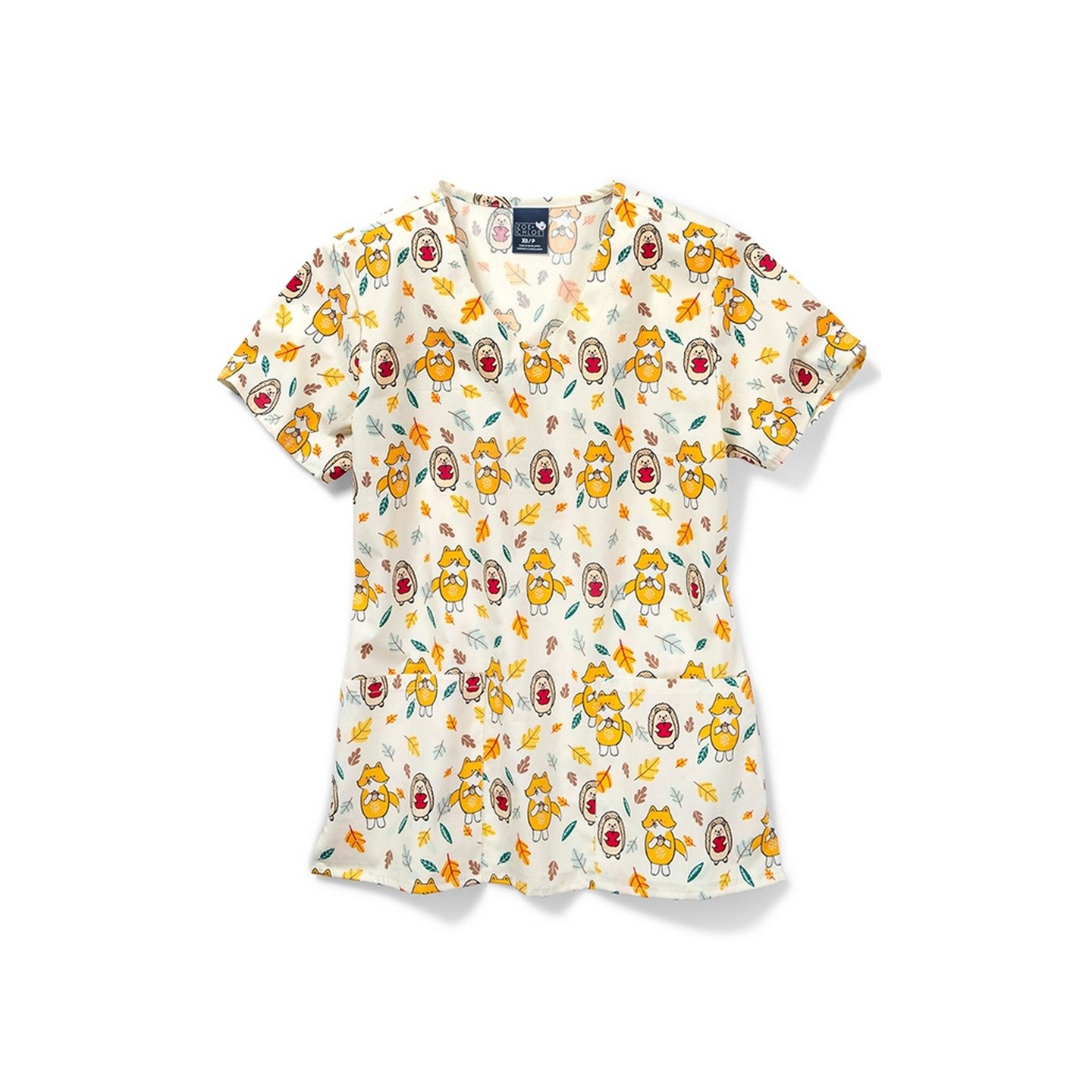 Zoe + Chloe Happy Harvest V-neck Print Scrub Tops