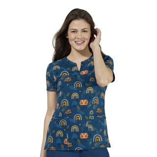 Zoe + Chloe Pumpkin Wishes Notch Neck Print Scrub Tops