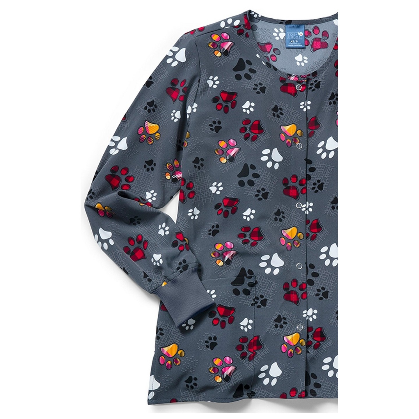 Zoe + Chloe Checking Paws Round Neck Poly Print Warm Up Scrub Jacket