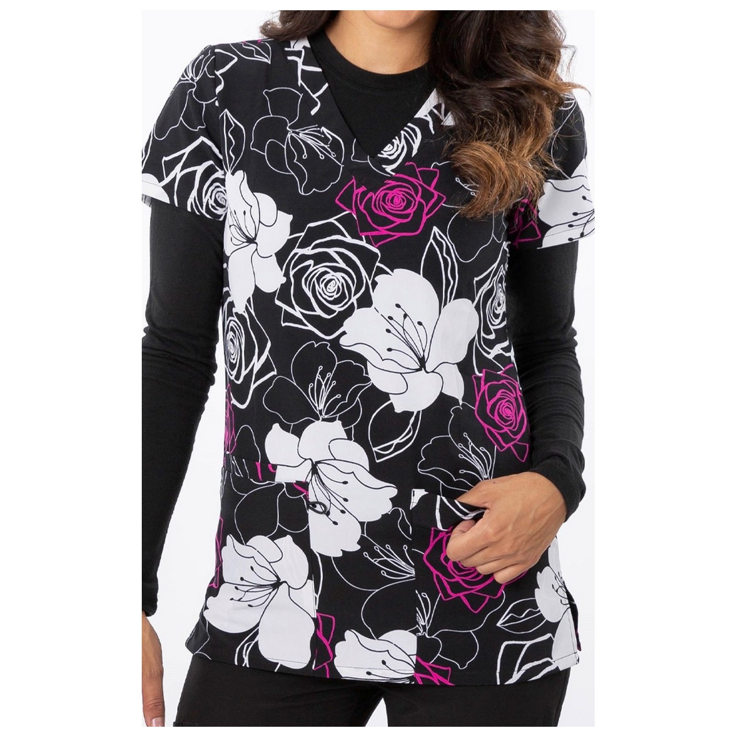 1190BK – BOLD BLOOMS Print Scrub Top - Soft Stretch Zinnia Fabric by Greentown