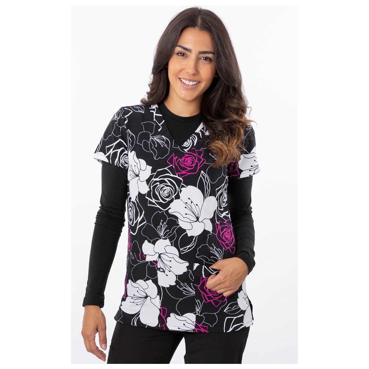 1190BK – BOLD BLOOMS Print Scrub Top - Soft Stretch Zinnia Fabric by Greentown