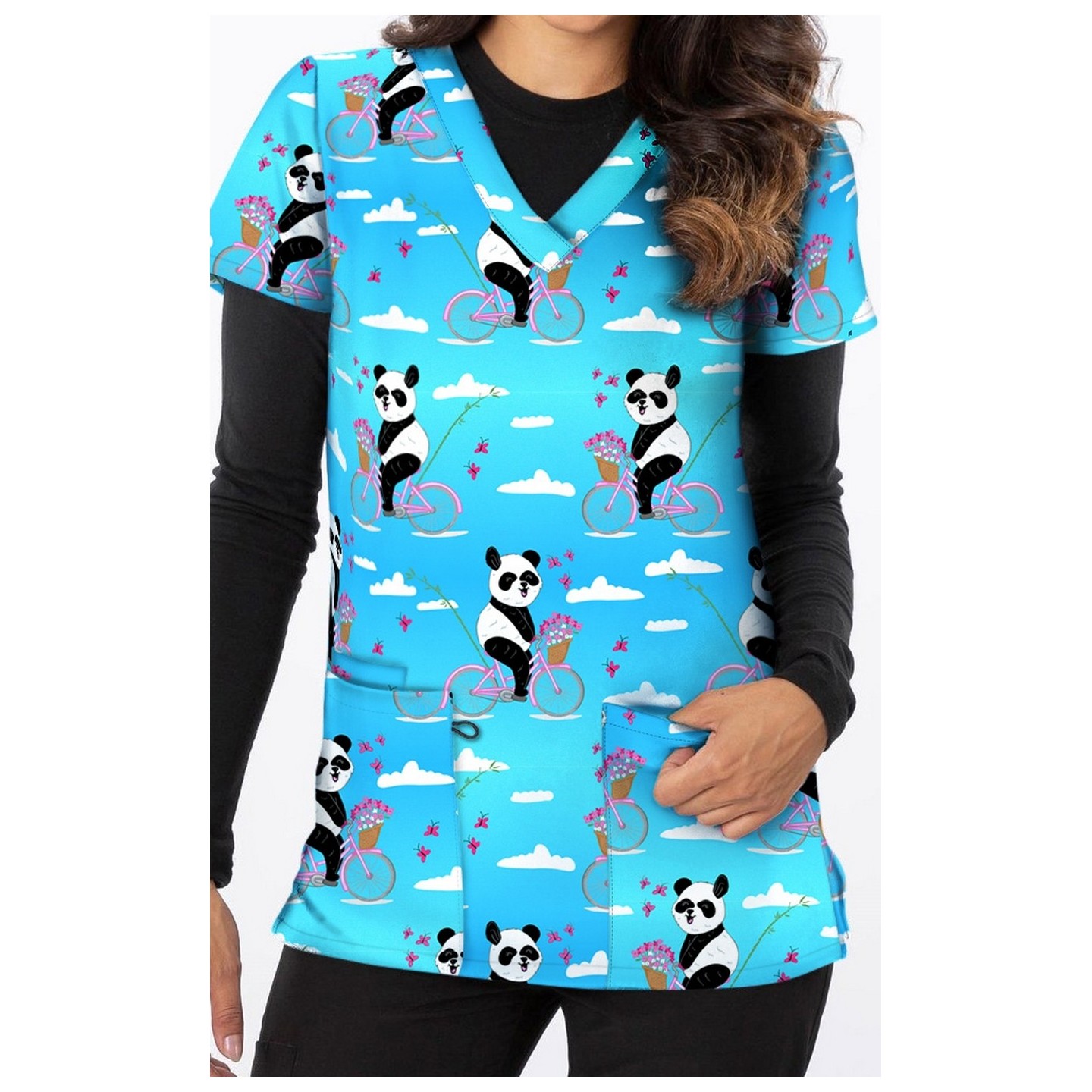 1190BK – PANDA CYCLE Print Scrub Top - Soft Stretch Zinnia Fabric by Greentown
