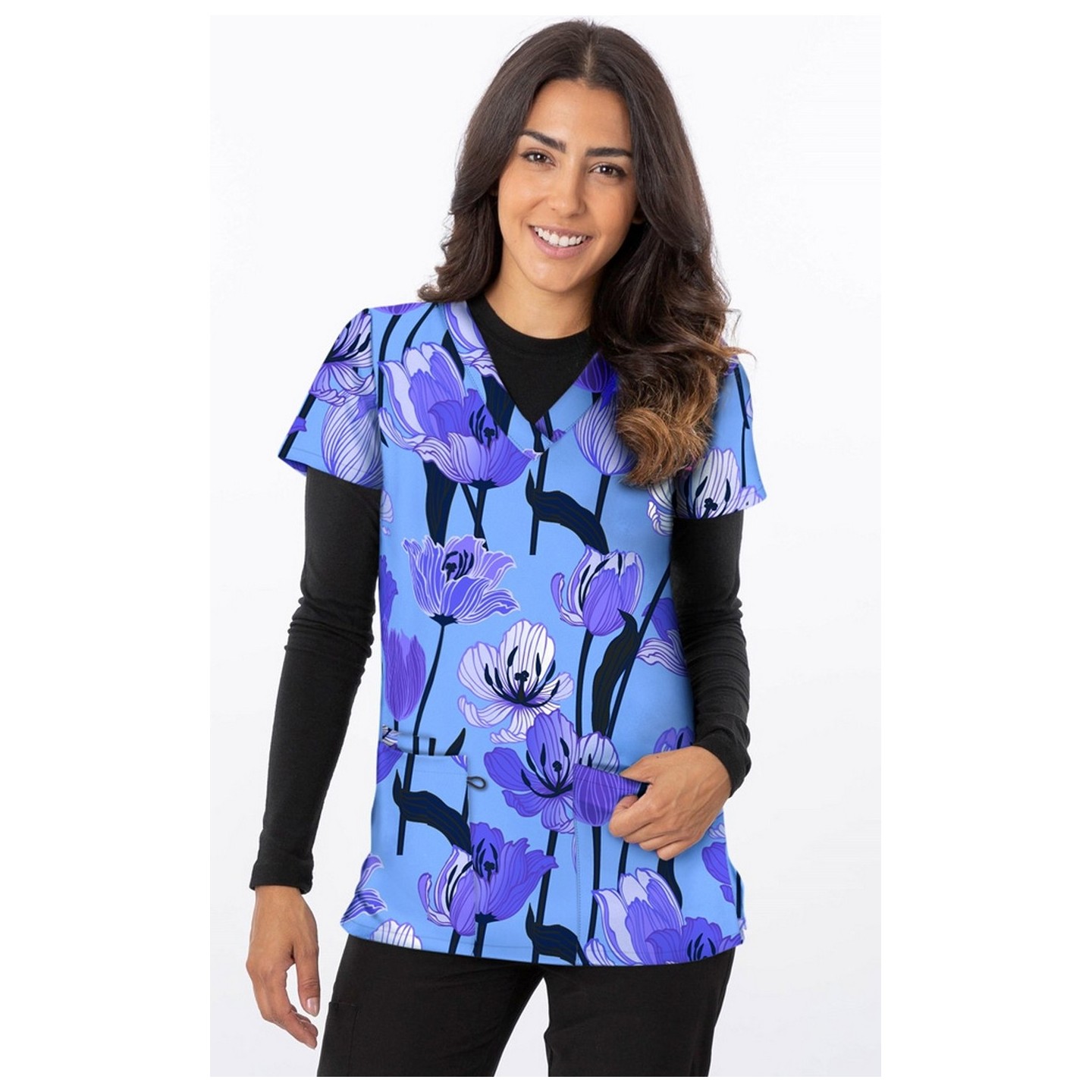 1190BK – Tulips Print Scrub Top - Soft Stretch Zinnia Fabric by Greentown