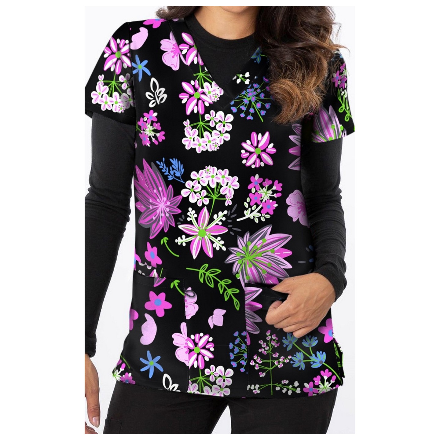 1534BK – Bright Flowers Print Scrub Top - Soft Stretch Zinnia Fabric by Greentown