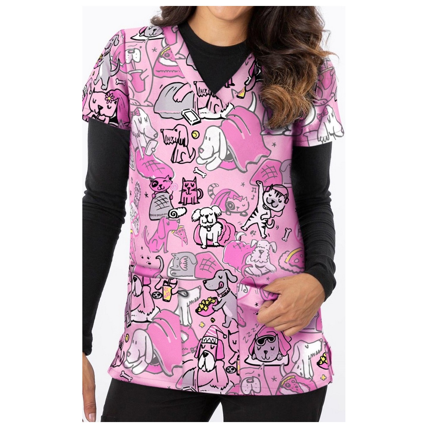 1500PK – CATS & DOGS STAYCATION Print Scrub Top - Soft Stretch Zinnia Fabric by Greentown