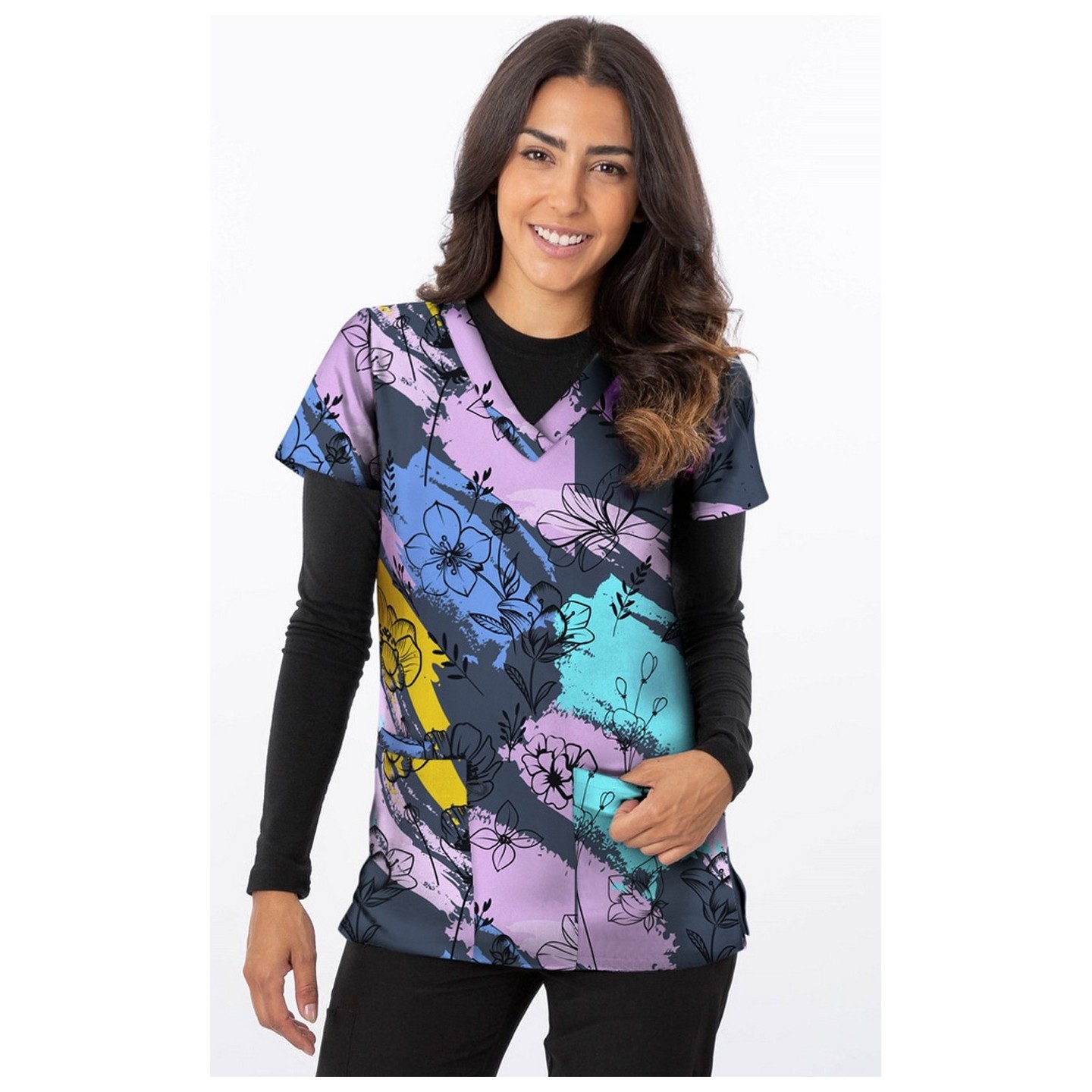 1535GR – LINED PAINTED FLORAL Print Scrub Top - Soft Stretch Zinnia Fabric by Greentown