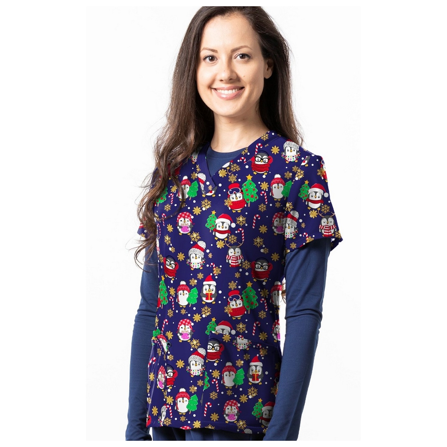 1571NV – Penguin Snow Day Print Scrub Top  by Greentown