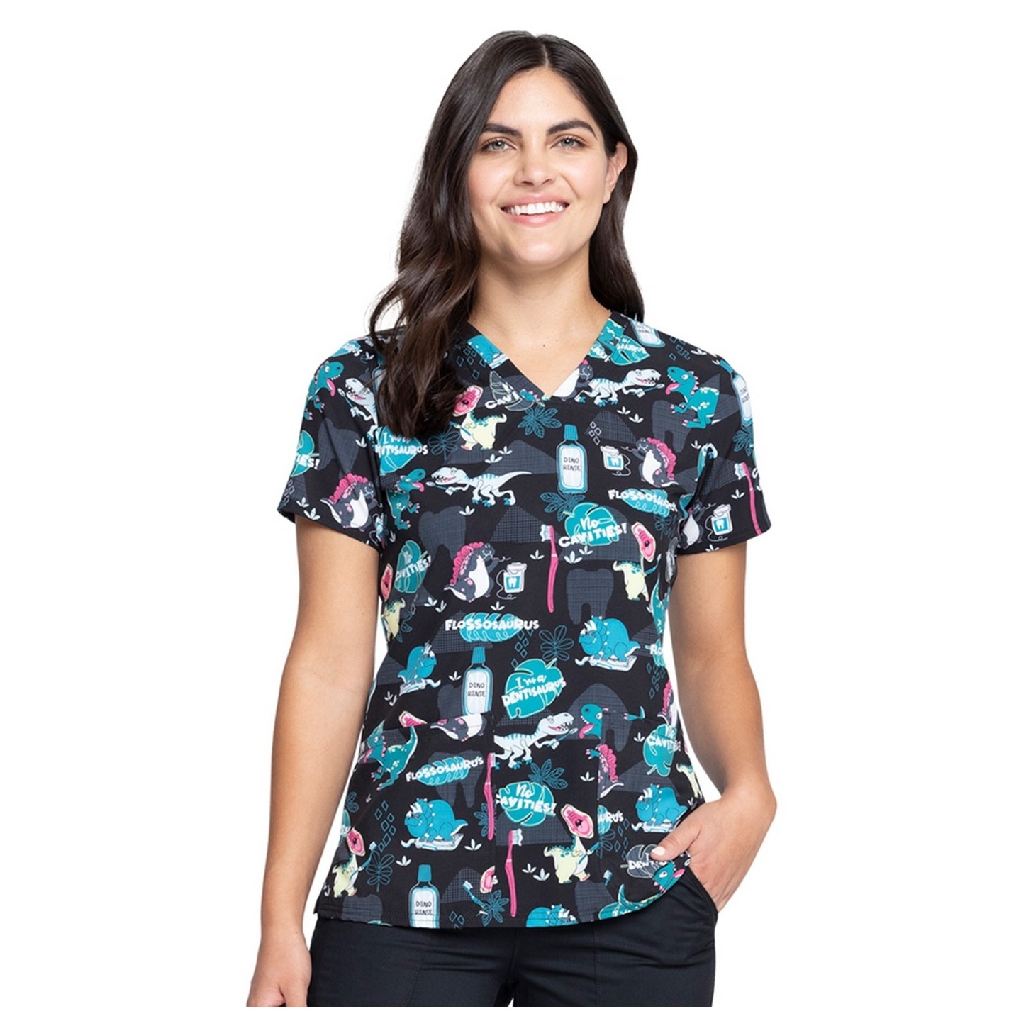 *FINAL SALE CK671 - Cherokee Prints V-Neck Knit Panel Top in I'm A Dentisaurus