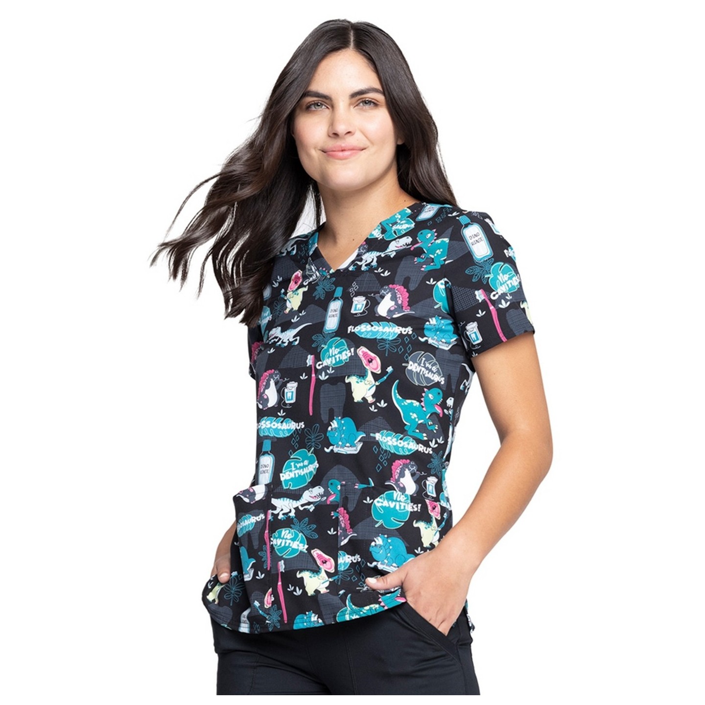 *FINAL SALE CK671 - Cherokee Prints V-Neck Knit Panel Top in I'm A Dentisaurus