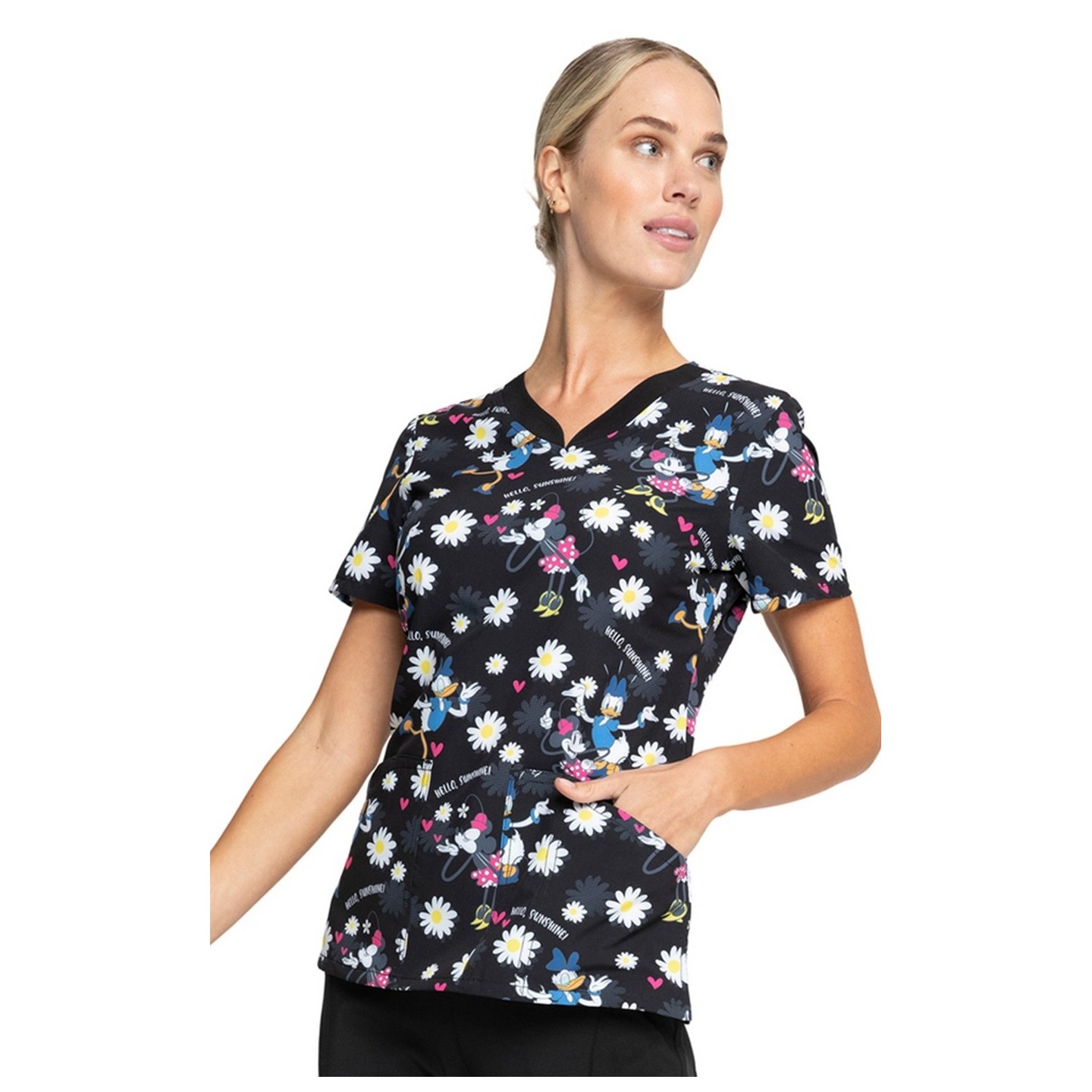 *FINAL SALE TF671 MKUE - Cherokee Licensed Tooniforms V-Neck Top in Hello Sunshine