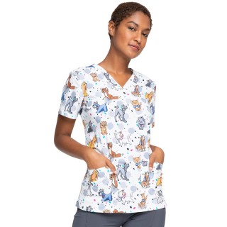 *FINAL SALE TF738 LACD - Cherokee Licensed Tooniforms V-Neck Top in Cats And Dogs