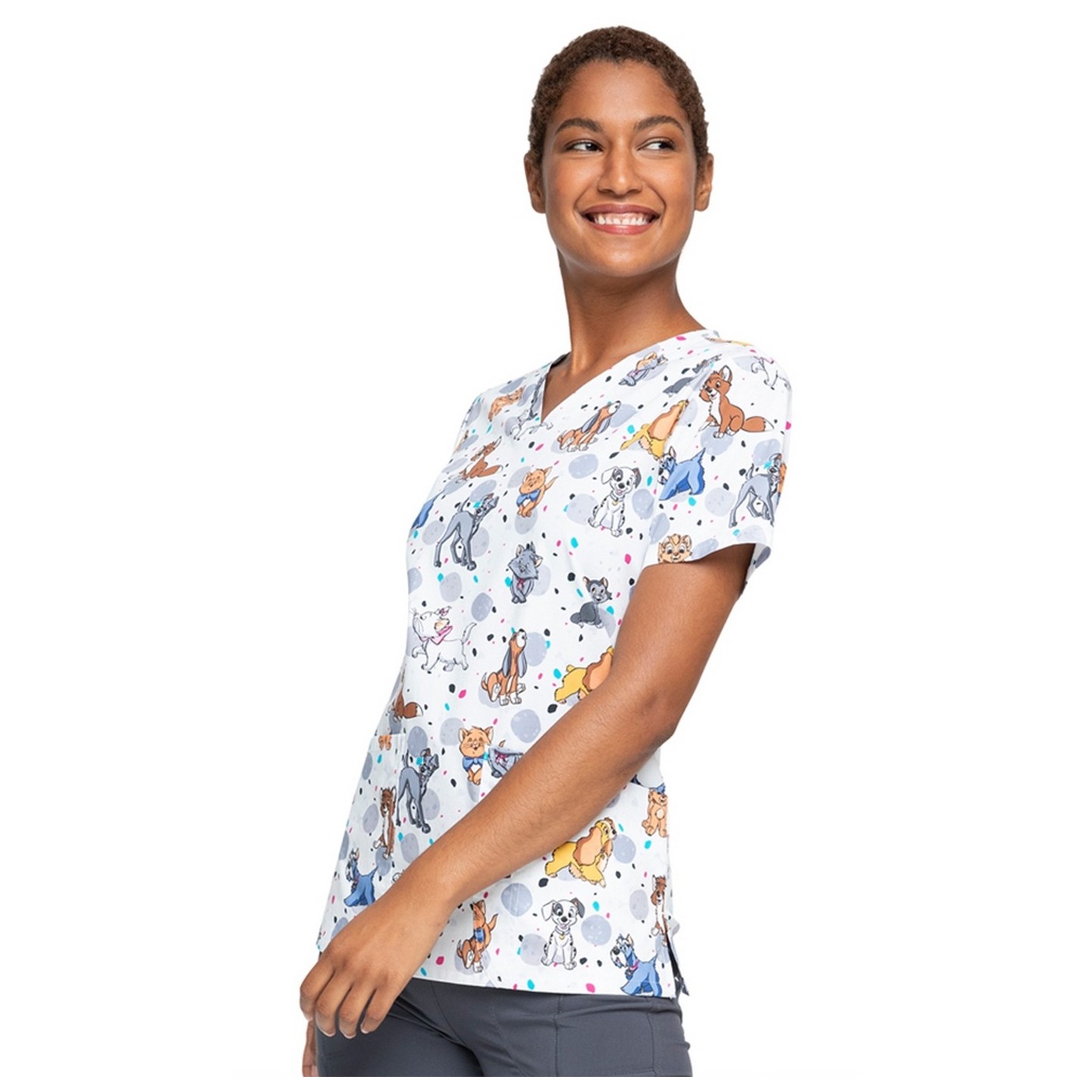 *FINAL SALE TF738 LACD - Cherokee Licensed Tooniforms V-Neck Top in Cats And Dogs