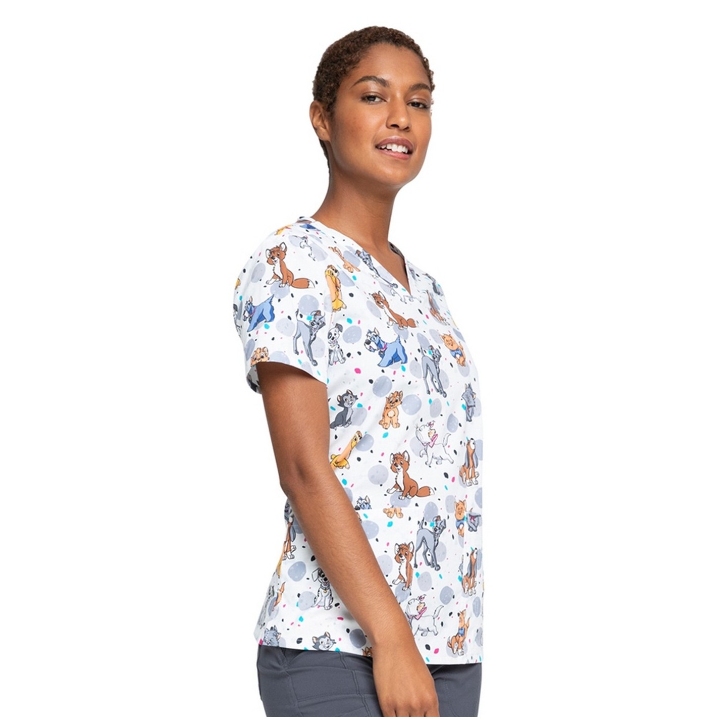 *FINAL SALE TF738 LACD - Cherokee Licensed Tooniforms V-Neck Top in Cats And Dogs