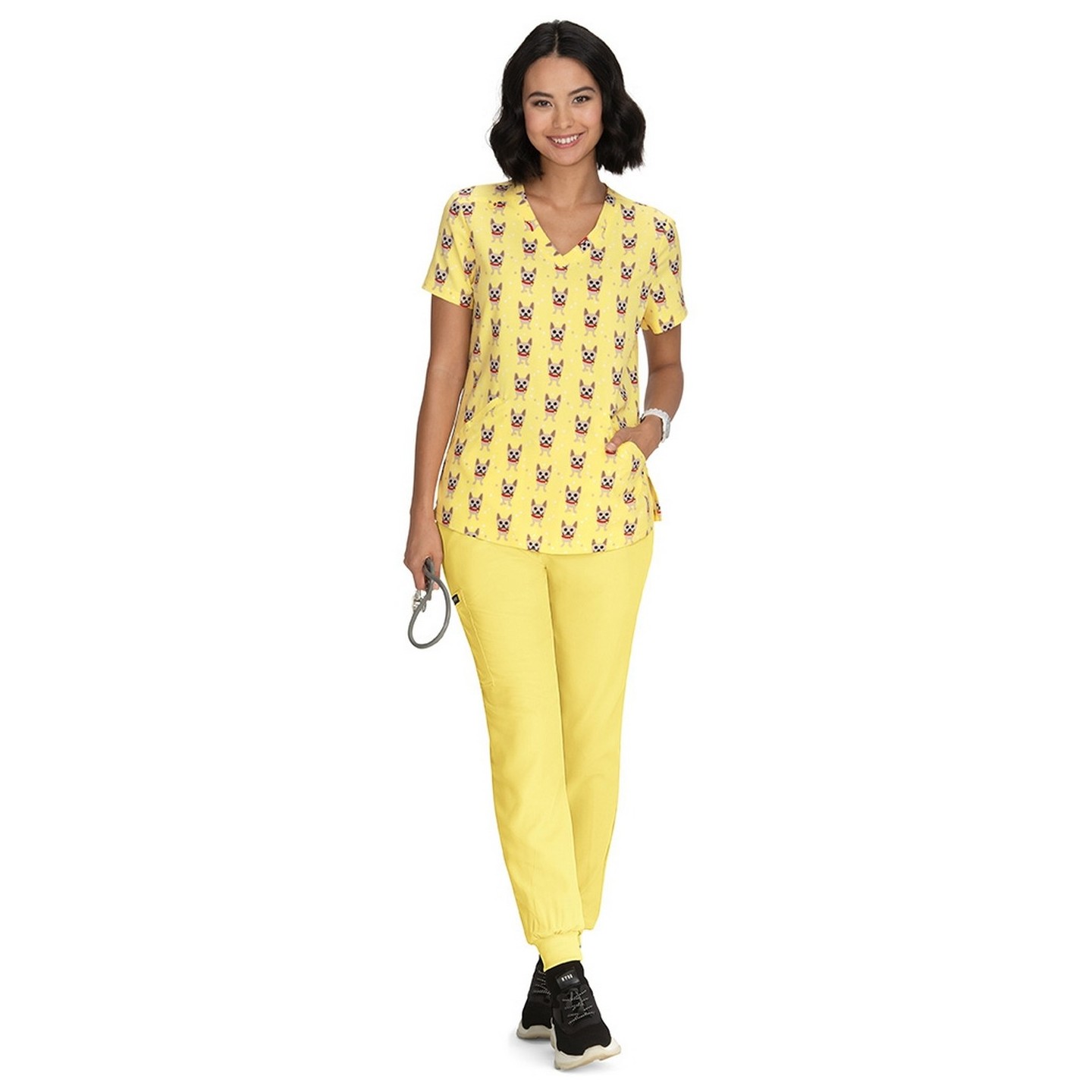 F101PR French Bull by koi Doll V-Neck Print Scrub Top - Frenchie