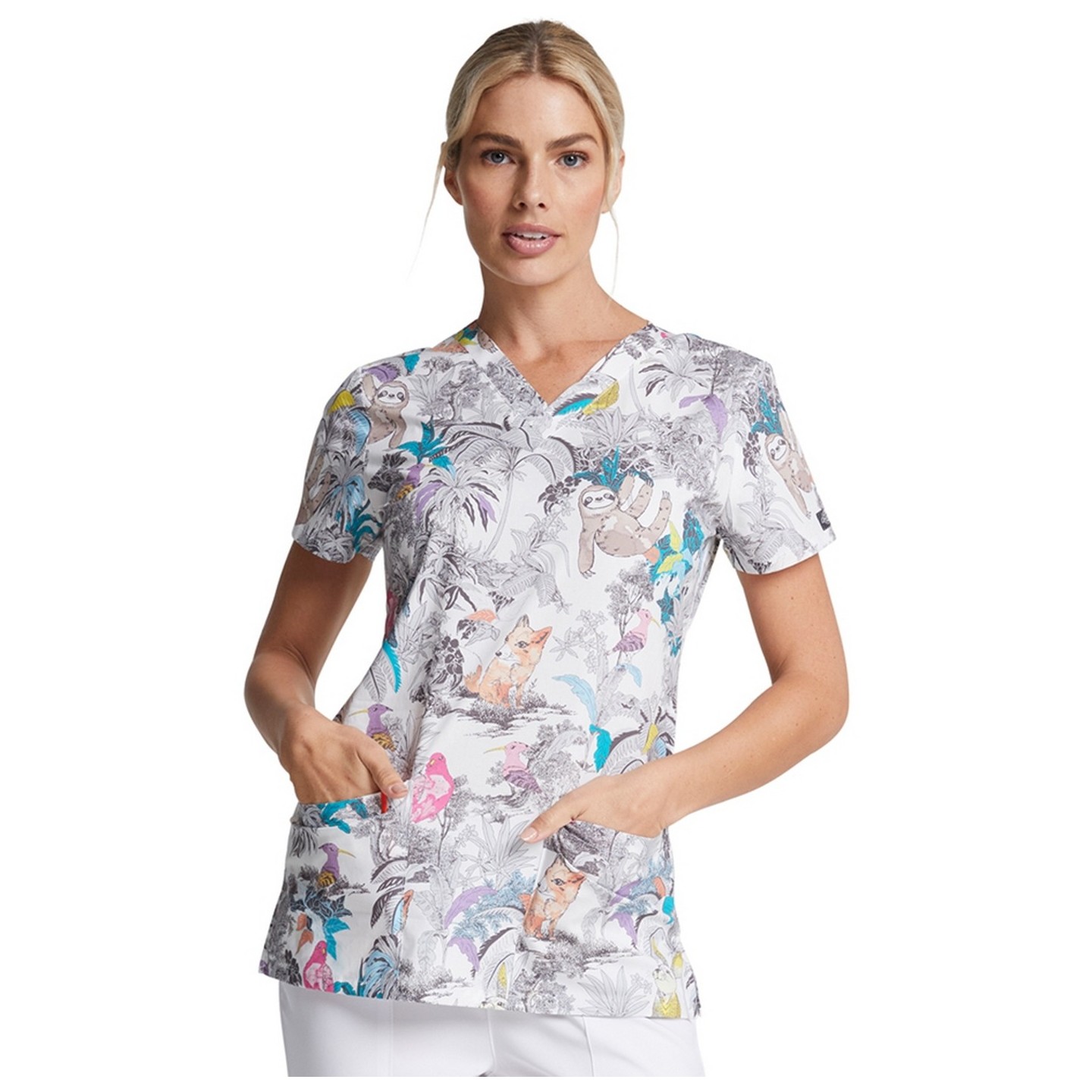 *FINAL SALE DK704 Dickies Prints V-Neck Top in Jungle Buddies