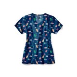 Z12213 Zoe + Chloe Curved V-neck Print Scrub Top - Safari Splash