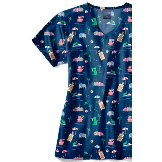 Z12213 Zoe + Chloe Curved V-neck Print Scrub Top - Safari Splash