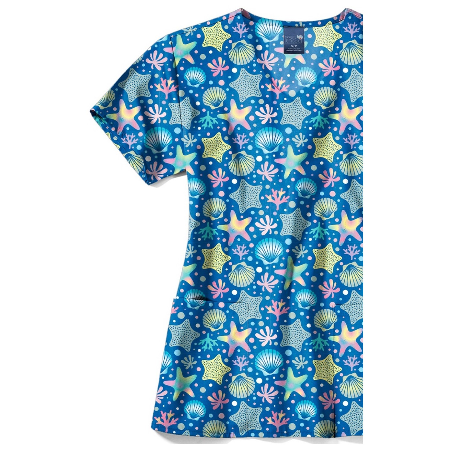Z12213 Zoe + Chloe Curved V-neck Print Scrub Top - Starfish Wish