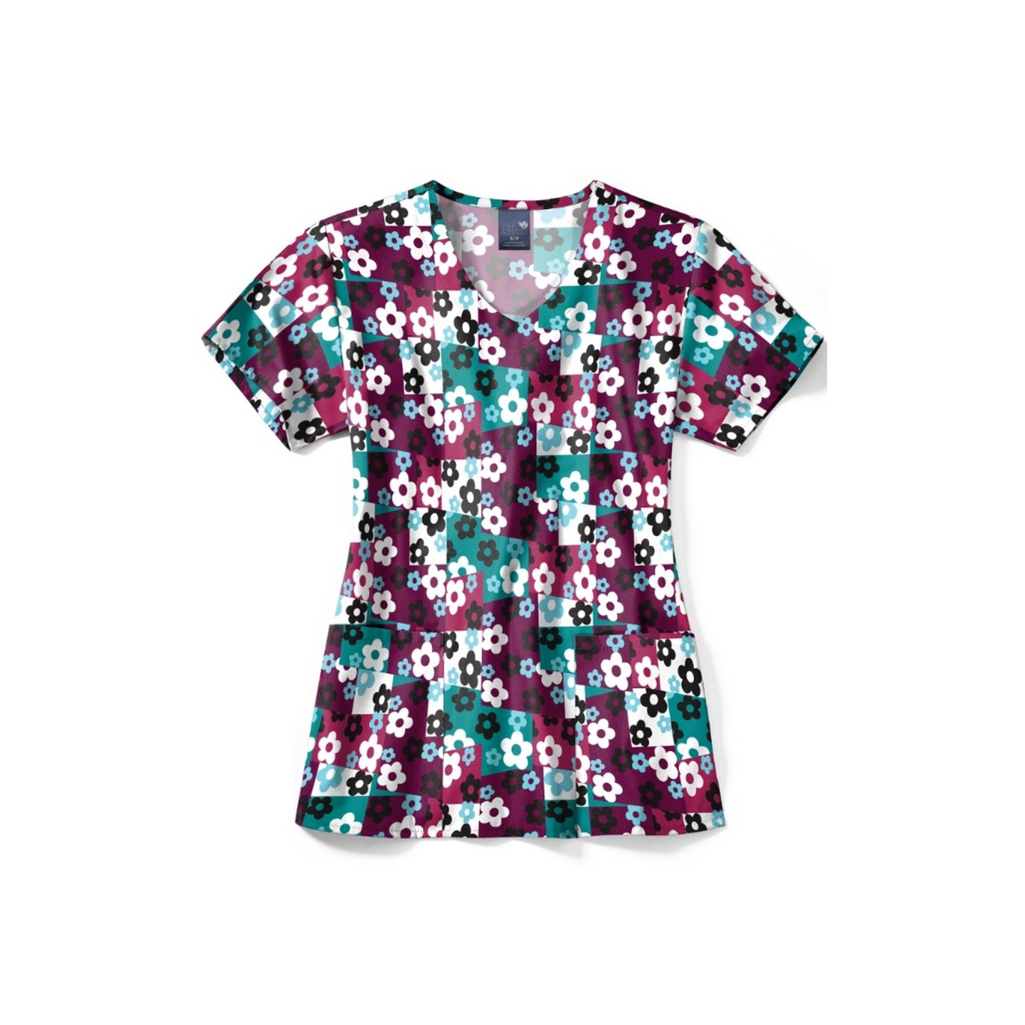Z12213 Zoe + Chloe Curved V-neck Print Scrub Top - Skater Check Wine