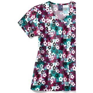 Z12213 Zoe + Chloe Curved V-neck Print Scrub Top - Skater Check Wine