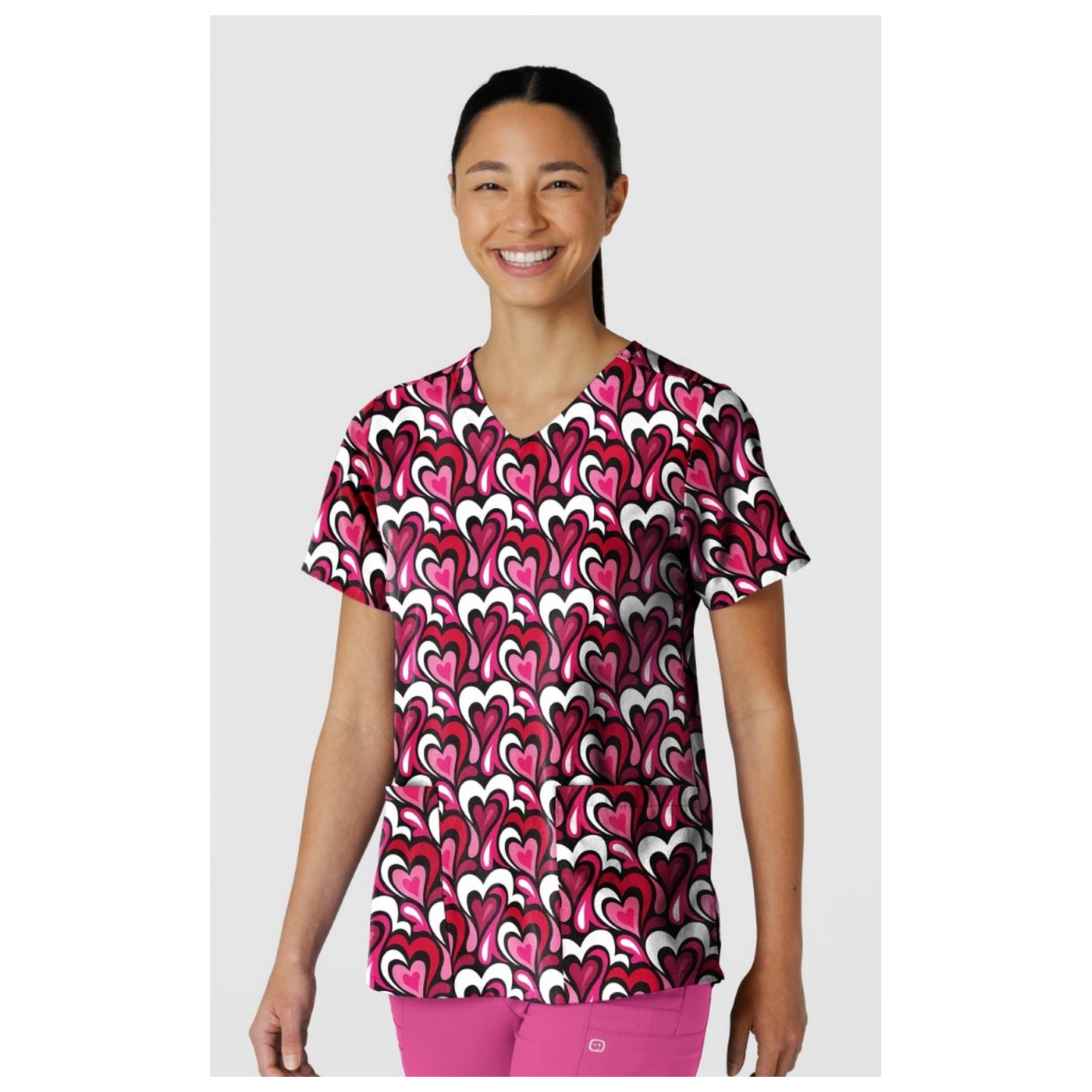 6147 WINK 2 Pocket V-Neck Print Top - Heart Flow