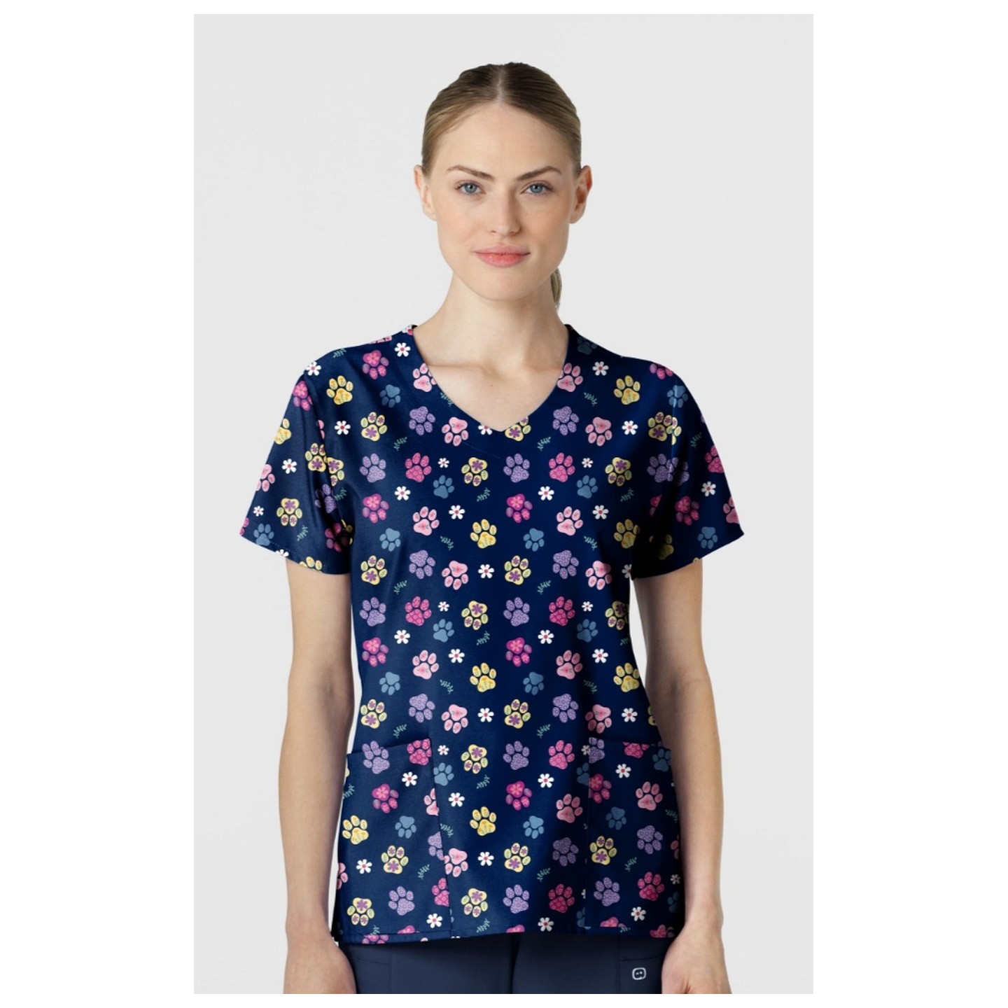 6147 WINK 2 Pocket V-Neck Print Top - Springtime Stroll Navy