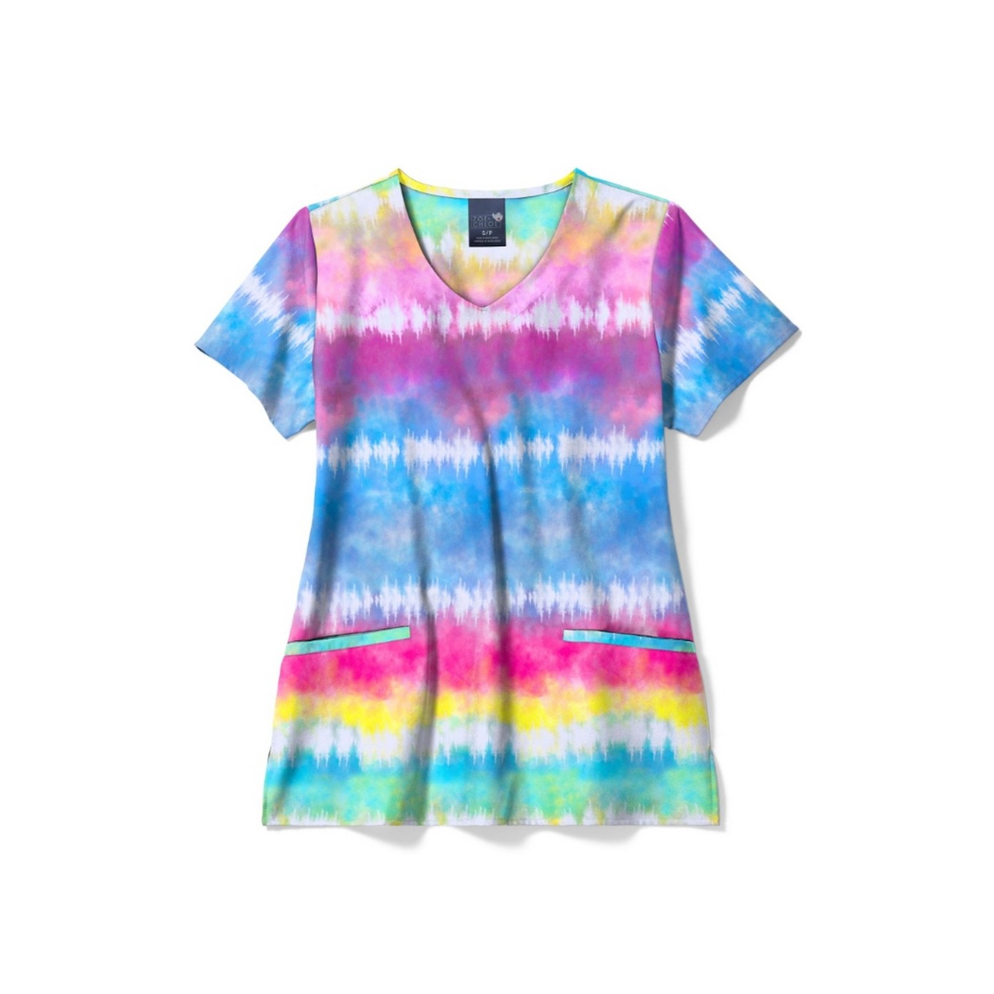 Z18213 Zoe + Chloe Curved V-Neck Print Scrub Top - Chasing Rainbows