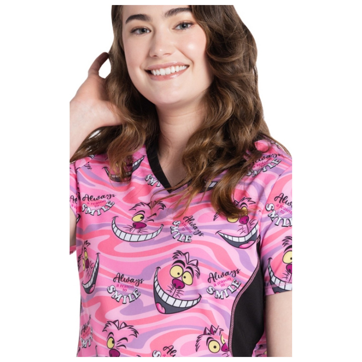 TF783 Tooniforms Fitted V-Neck Print Top with Contrast Details by Cherokee Uniforms - Cheshire Smile 