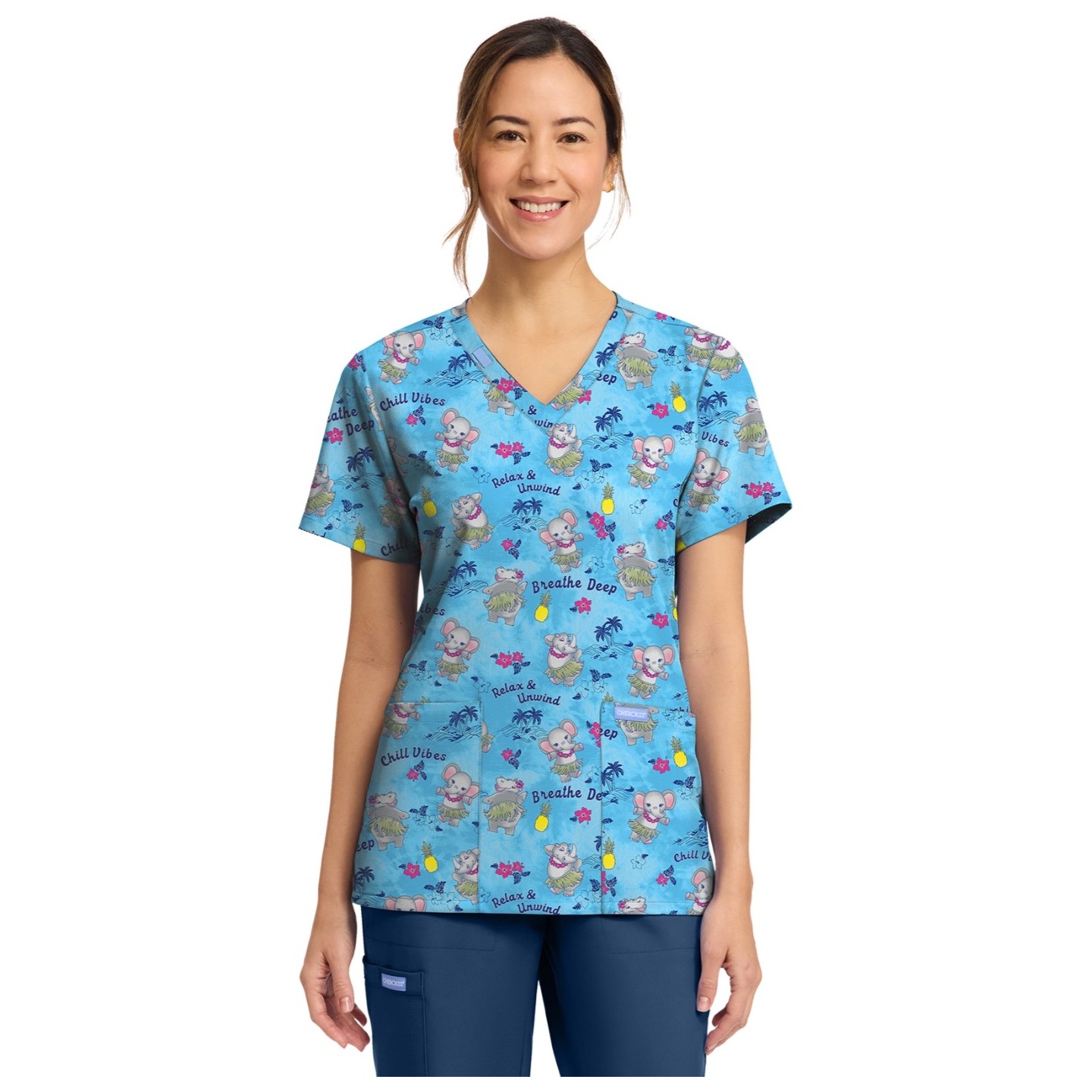 CK856 V-Neck 2 Pocket Print Top by Cherokee - Hula Party