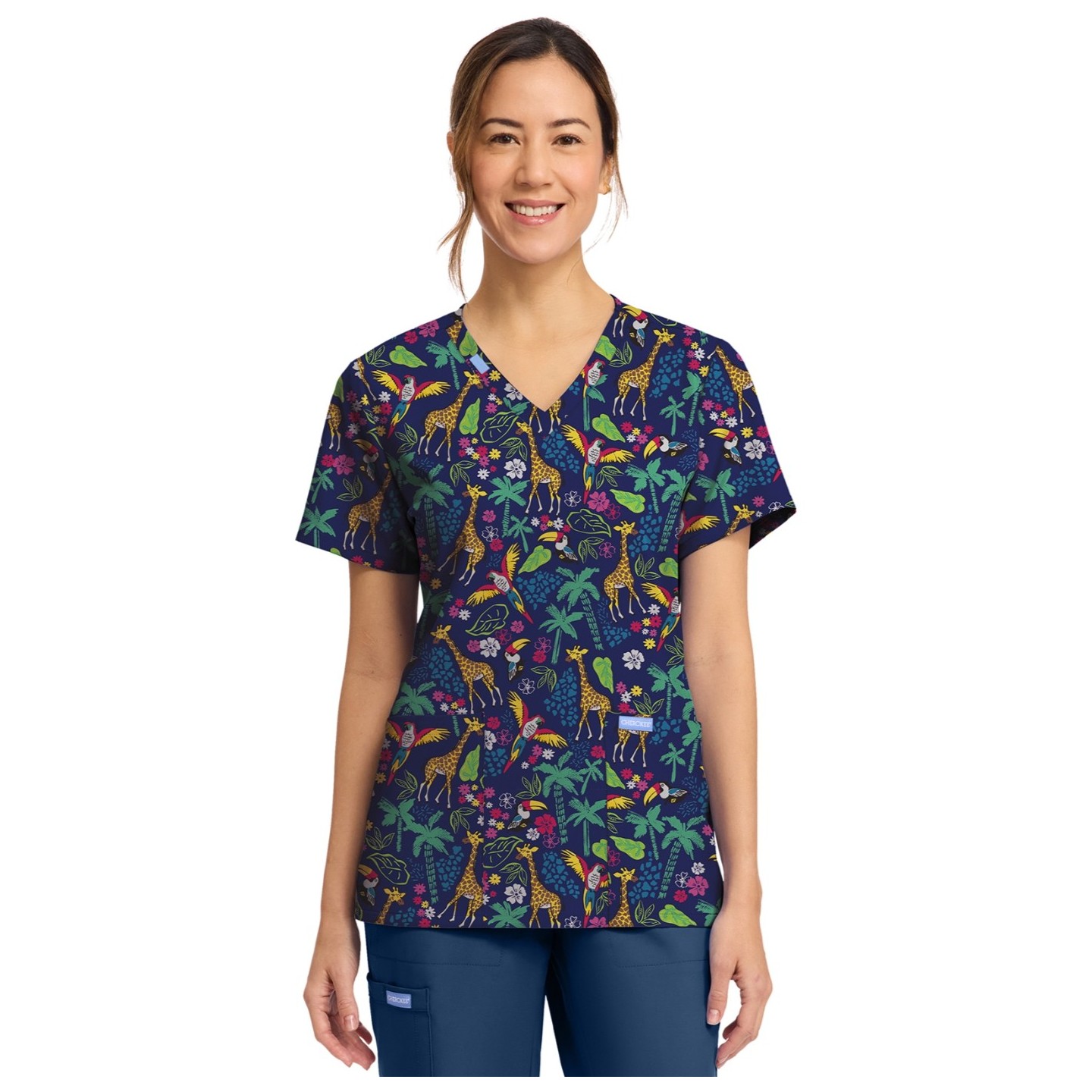 CK856 V-Neck 2 Pocket Print Top by Cherokee - Jungle Jive