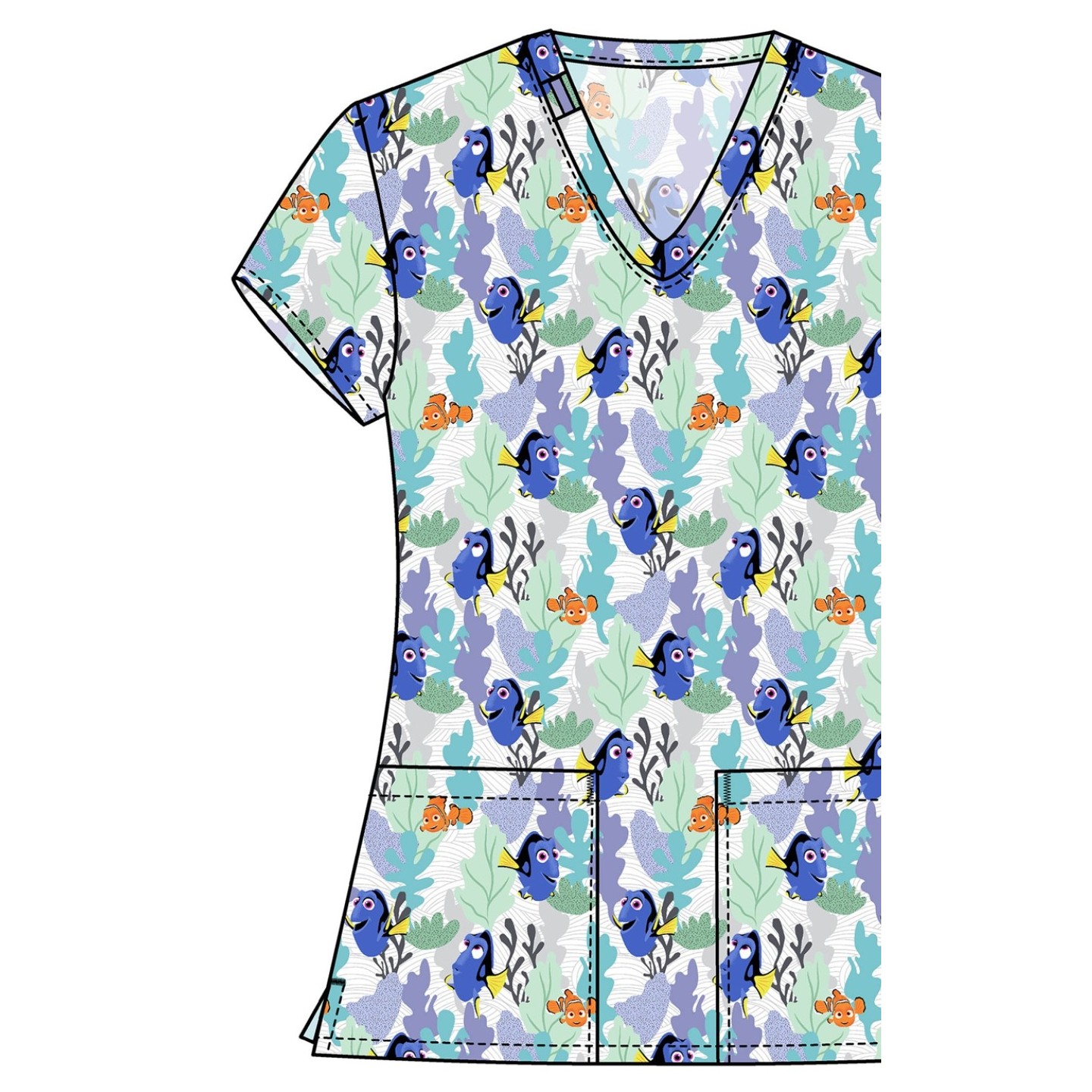 TF796 Tooniforms 2 Pocket V-Neck Print Top by Cherokee - Nemo And Dory