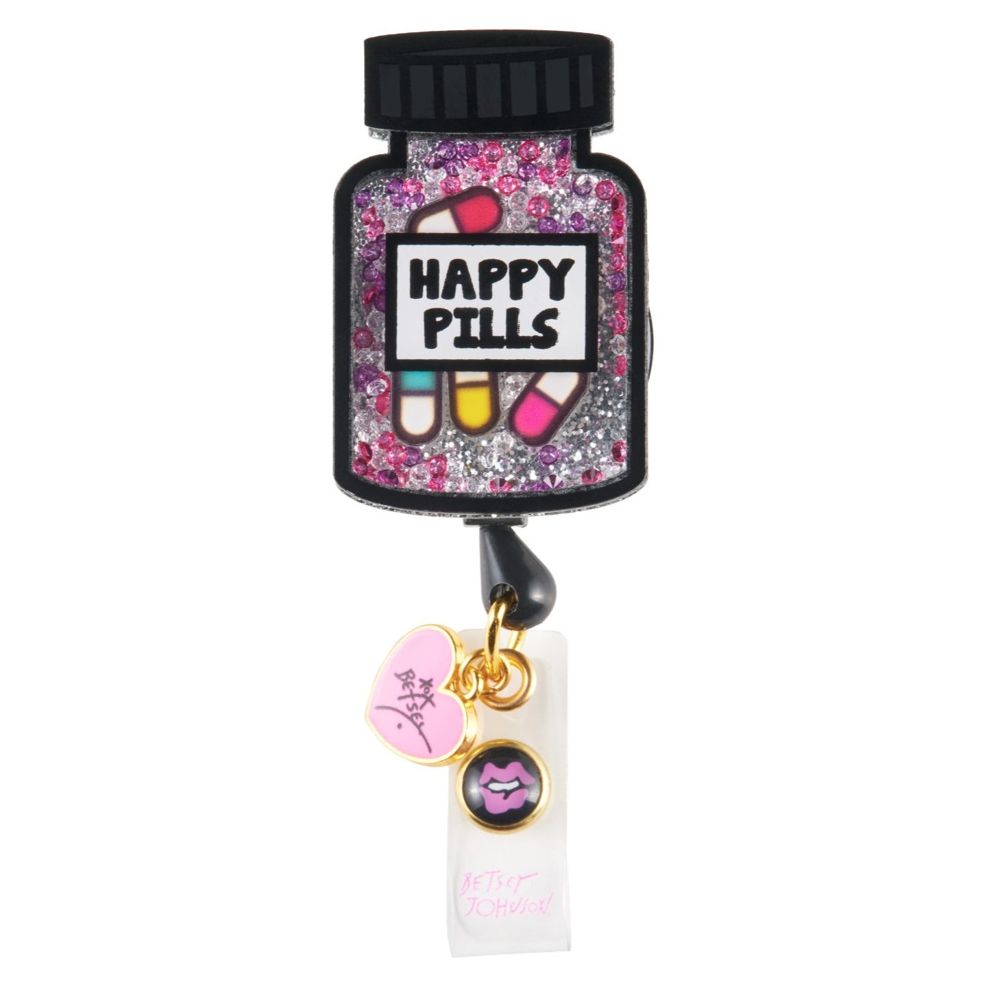 BA156 Betsey Johnson Retractable Shaker Badge Reel by koi - Happy Pill Bottle