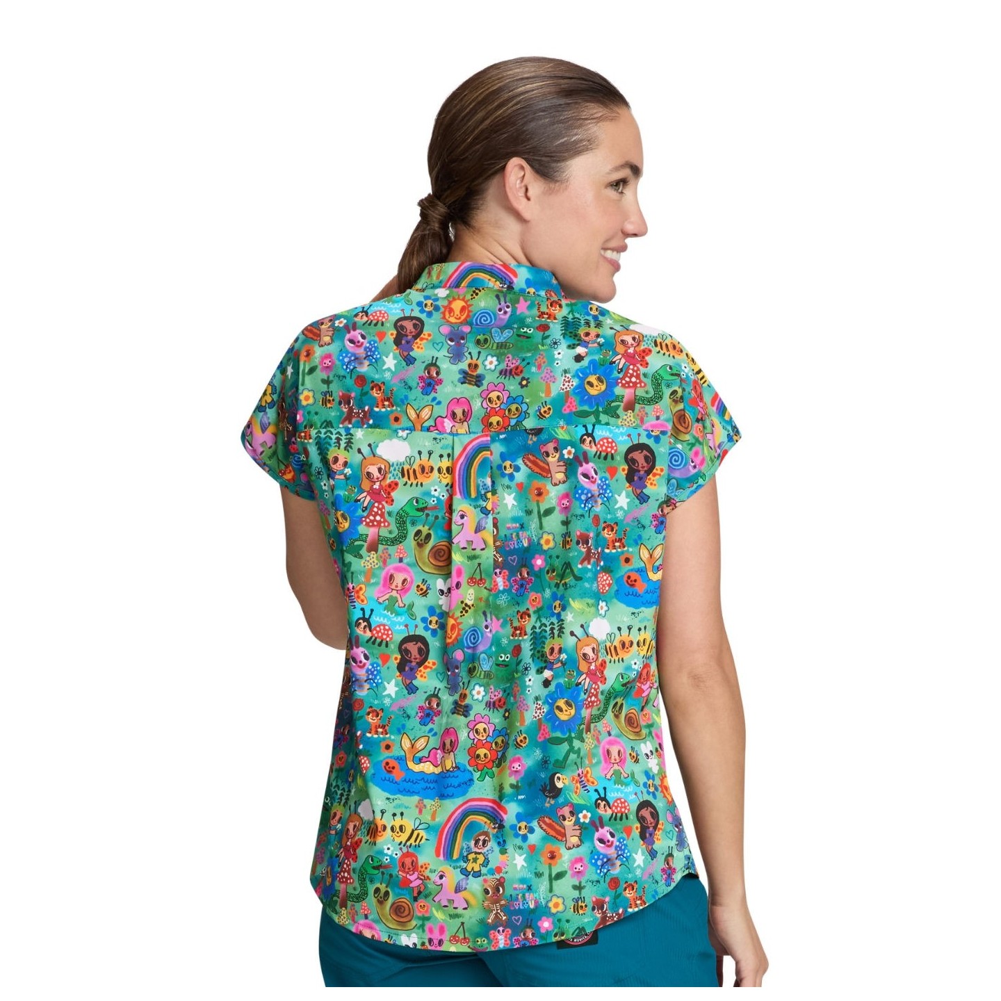 1093PRA koi Basics Artist Series Ari Split Neck Print Top - Forest Creatures