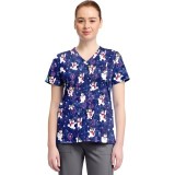 TF796 Tooniforms 2 Pocket V-Neck Print Top by Cherokee - Chilly Tiles