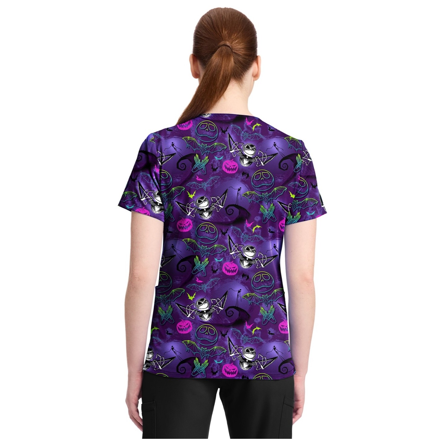 TF796 Tooniforms 2 Pocket V-Neck Print Top by Cherokee - Ghost-Like Charm